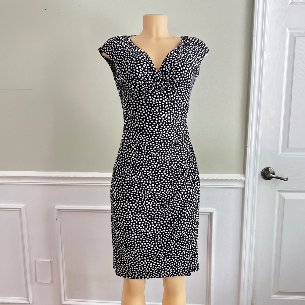 Lauren Ralph Lauren Sheath Dress Womens 4 Ruched Faux Wrap Black White Polka Dot